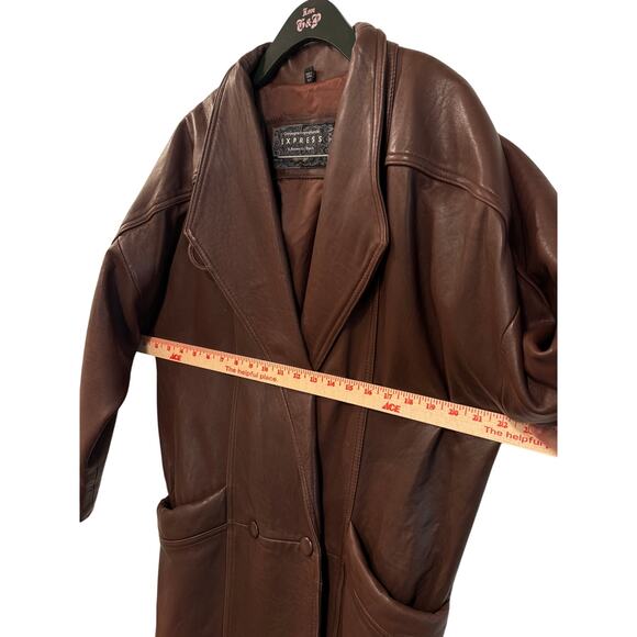 Express S Slouchy Oversized Lamb Leather Trench Coat Long Jacket 90s Brown - Picture 9 of 12